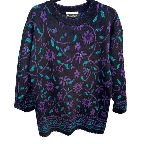 Dana Scott Vintage Womens Black Purple Teal Floral Cottagecore Granny Sweater M - Picture 1 of 9